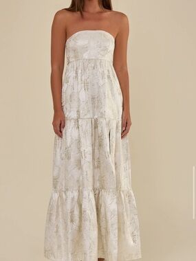 Birdy Grey Strapless Cream Floral Jacquard Maxi Dress